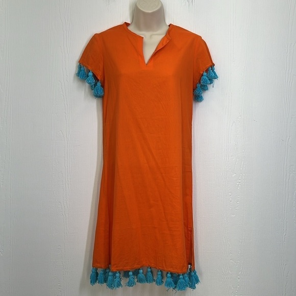 Madison Matthew’s - NWT Sara Mini Bright Orange Teal Tassel Mini Dress Size XS - Picture 2 of 12